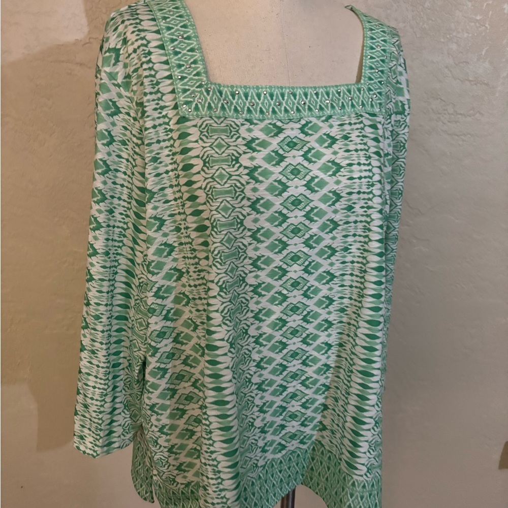 Woman’s Alfred Dunner Green Patterned Square-Neck Women's Top sz XL - Picture 6 of 7